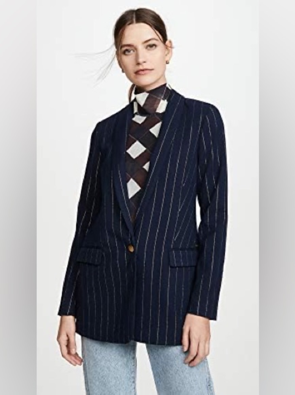 Scotch & Soda Women's XS Shiny Pinstripe Blazer Jacket Blue Gold